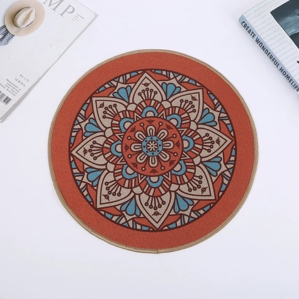 tapis table rond mandala boho chic bleu marine beige tissé imperméable résistant chaleur