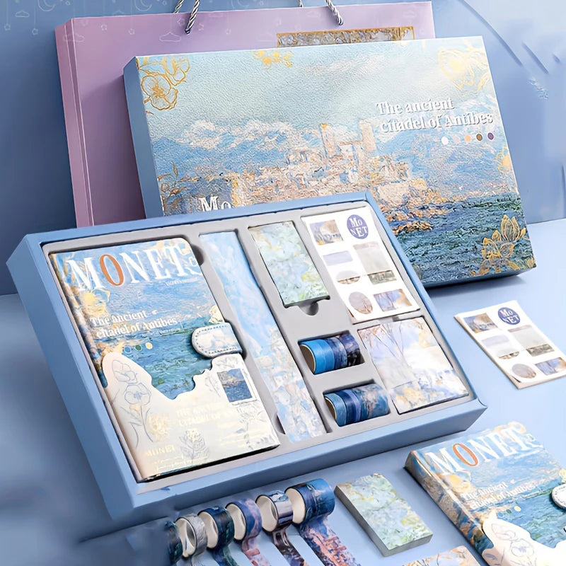 coffret cadeau papeterie artistique vintage bleu or motifs impressionnistes notebook stickers wasabi tape rouleaux