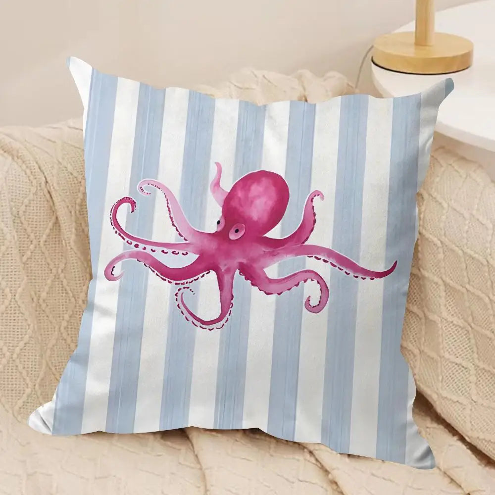 coussin carré jacquard rayures marine poissons crabe octopus multicolore 35cm 45cm 50cm 60cm doux