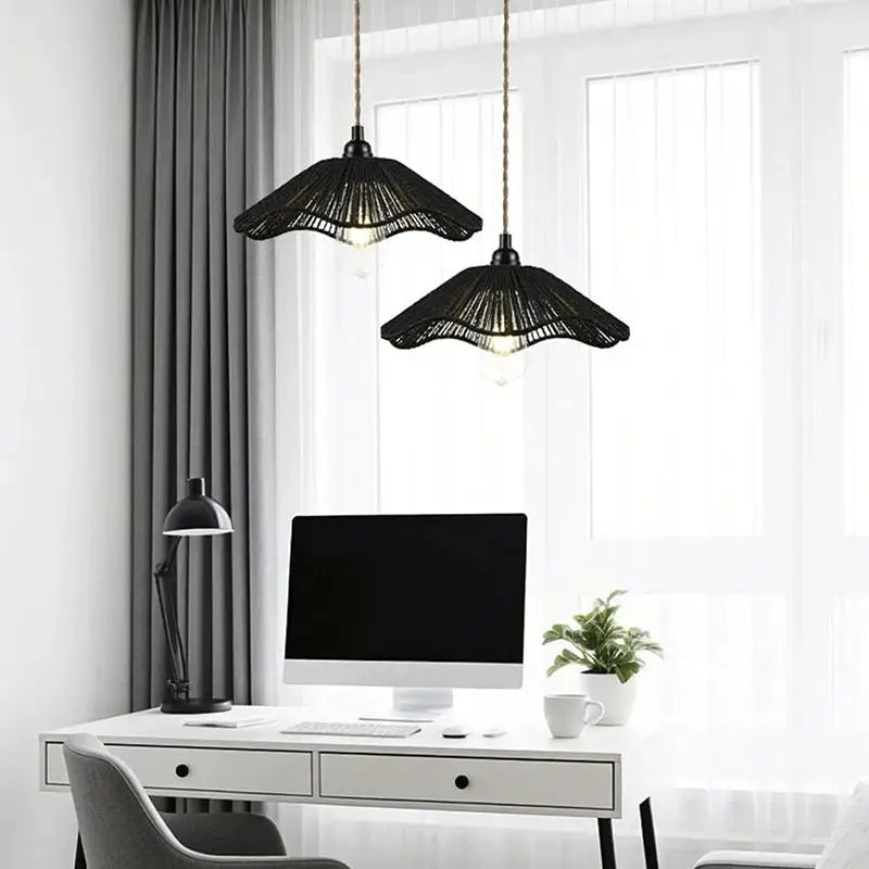 Suspension lumineuse moderne tissée naturelle bois opaque chaîne ampoule noir vintage