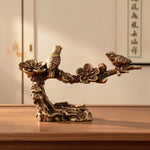 statuettes oiseaux bronze traditionnel asiatique relief floral décoration intérieure salon collectionnement branche fleurie