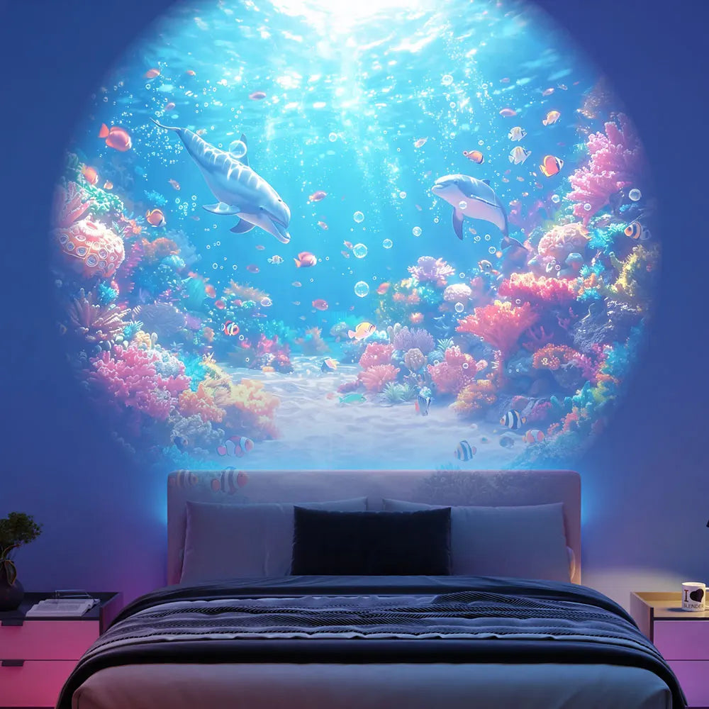 projecteur mural blanc noir univers planètes galaxies coeurs poissons coraux patterns 4k hd