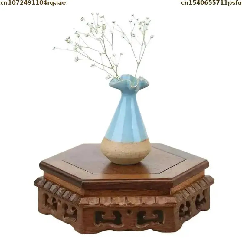 support vase plateau bois gravures classique brun foncé décoration plantes étagère artisanale stand tri