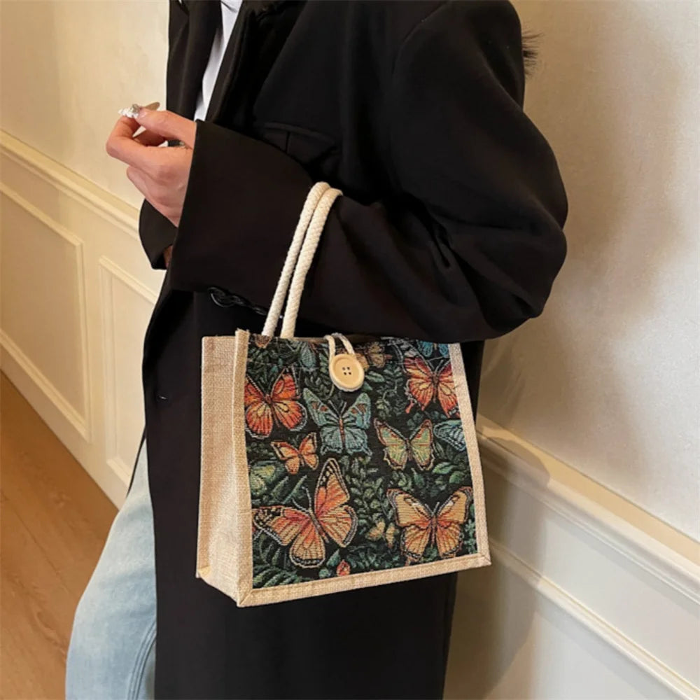 sac main toile papillons colorés vintage boho chic poignées corde texture tissée beige fleurs