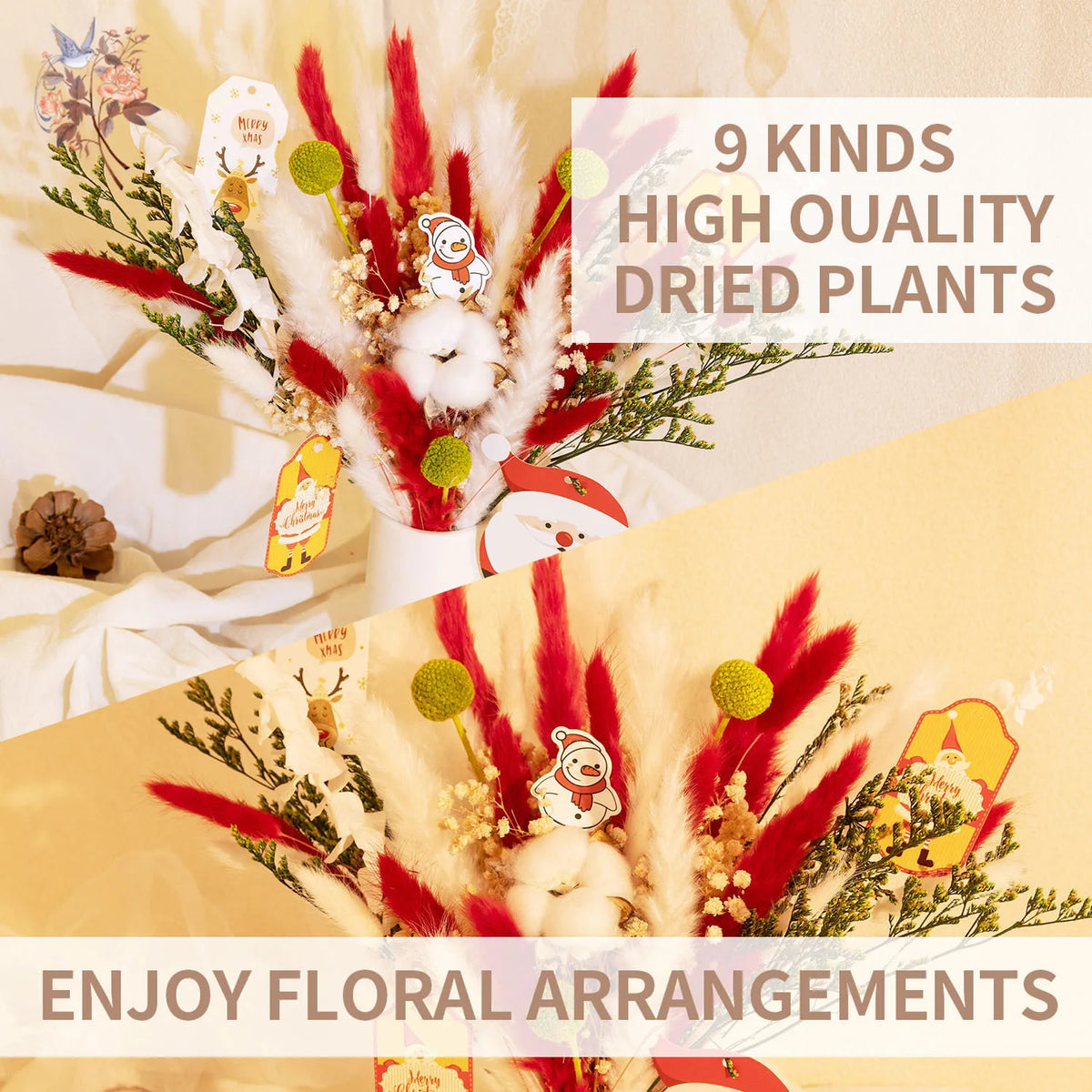 bouquet fleurs séchées noël rouge blanc vert plumes coton fleur queue lapin