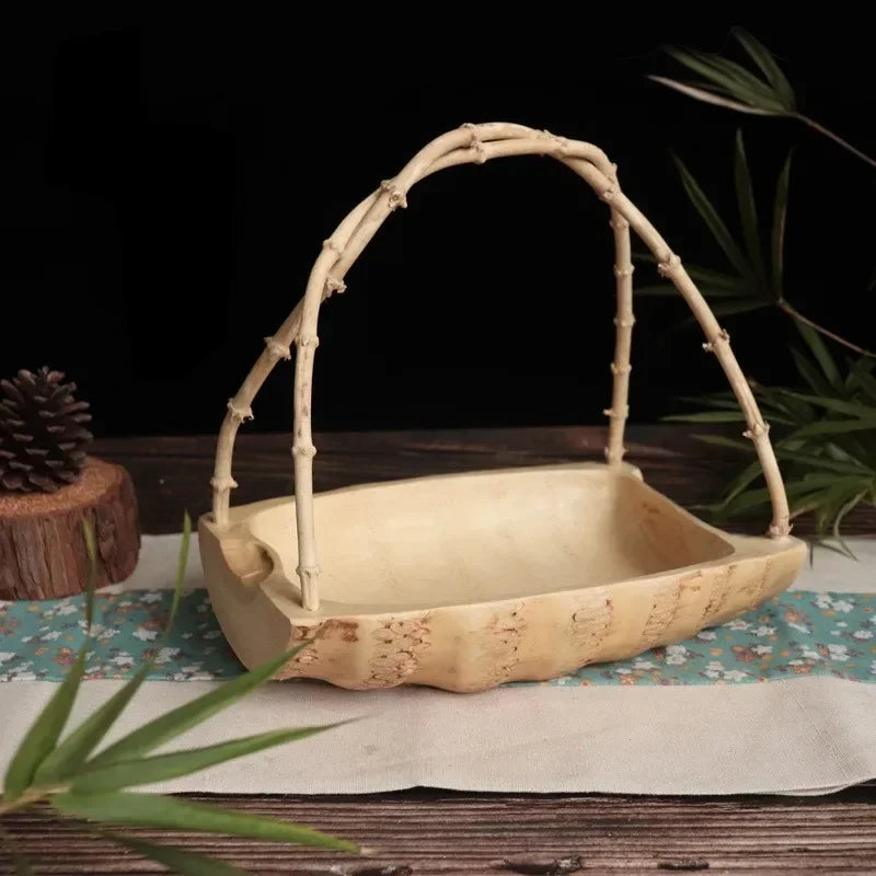 panier decoratif japonais bois texturé plateau rangement vert beige rustic champetre asiatique