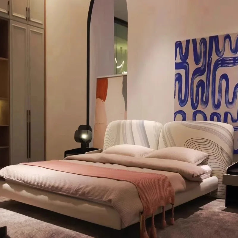 lit moderne bois blanc rose gris rayures motifs géométriques minimaliste