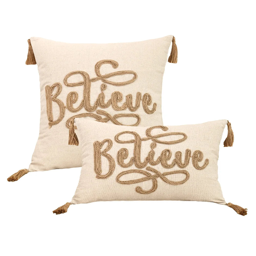 housses coussins motif feuilles texte love coton polyester beige rustique adhésifs tassels decoration
