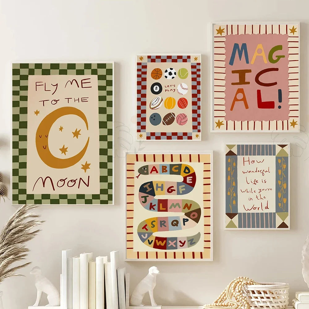 toile impression alphabet lettres dessins animés vintage enfantin carreaux sport textes blanc beige rouge