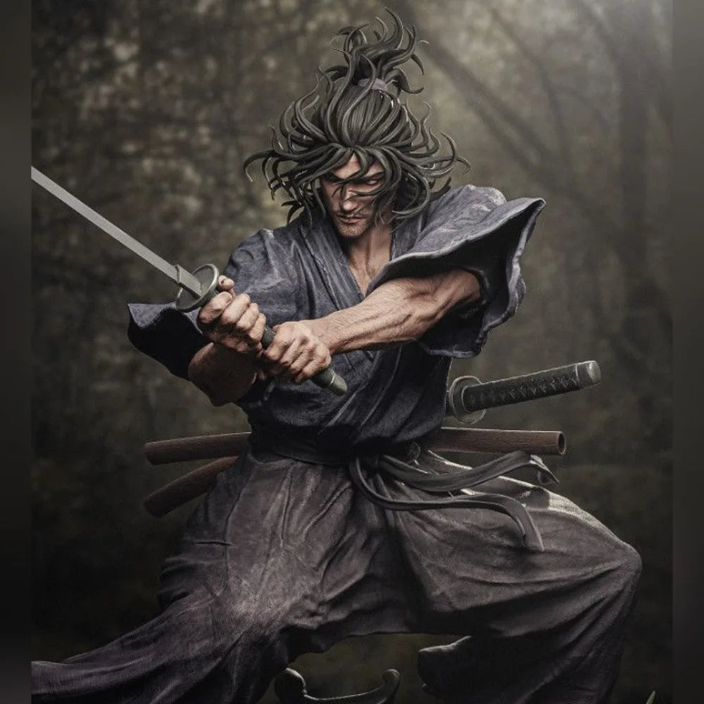statue guerrier samouraï épée ceinture base décorative fleurs pierres artisanal réaliste figuration historique