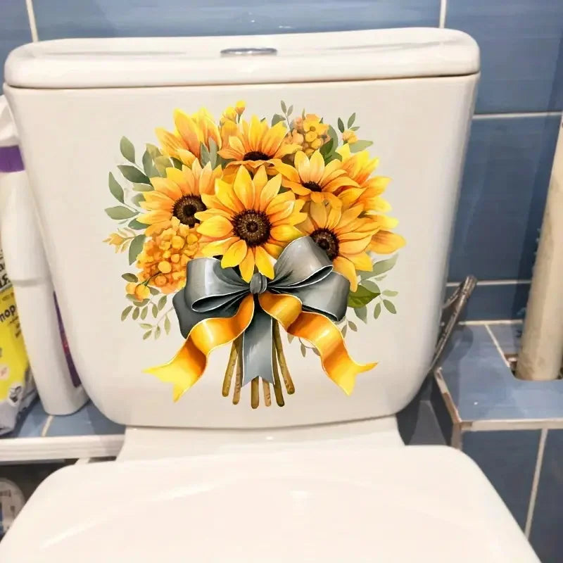 autocollants toilette moderne tournesols jaunes rubans gris vinyle pvc opaque décoration maison blanc