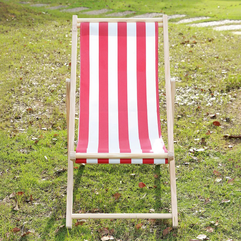 chaise longue pliable bois massif toile rayée plateau d'appoint plage