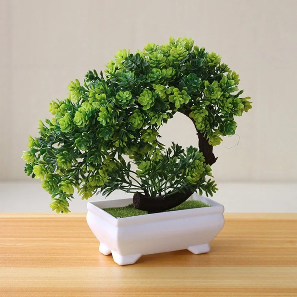 décoration extérieure plante artificielle verte feuilles fleurs colorées pot blanc moderne minimaliste exposition