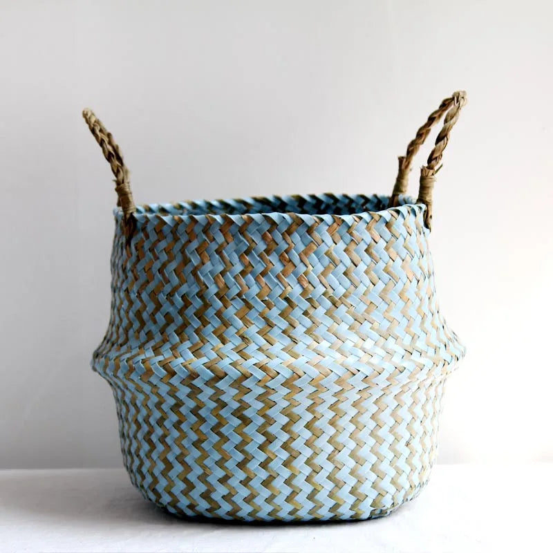 panier rangement tressé bleu beige zigzag ours peluche bois poignées