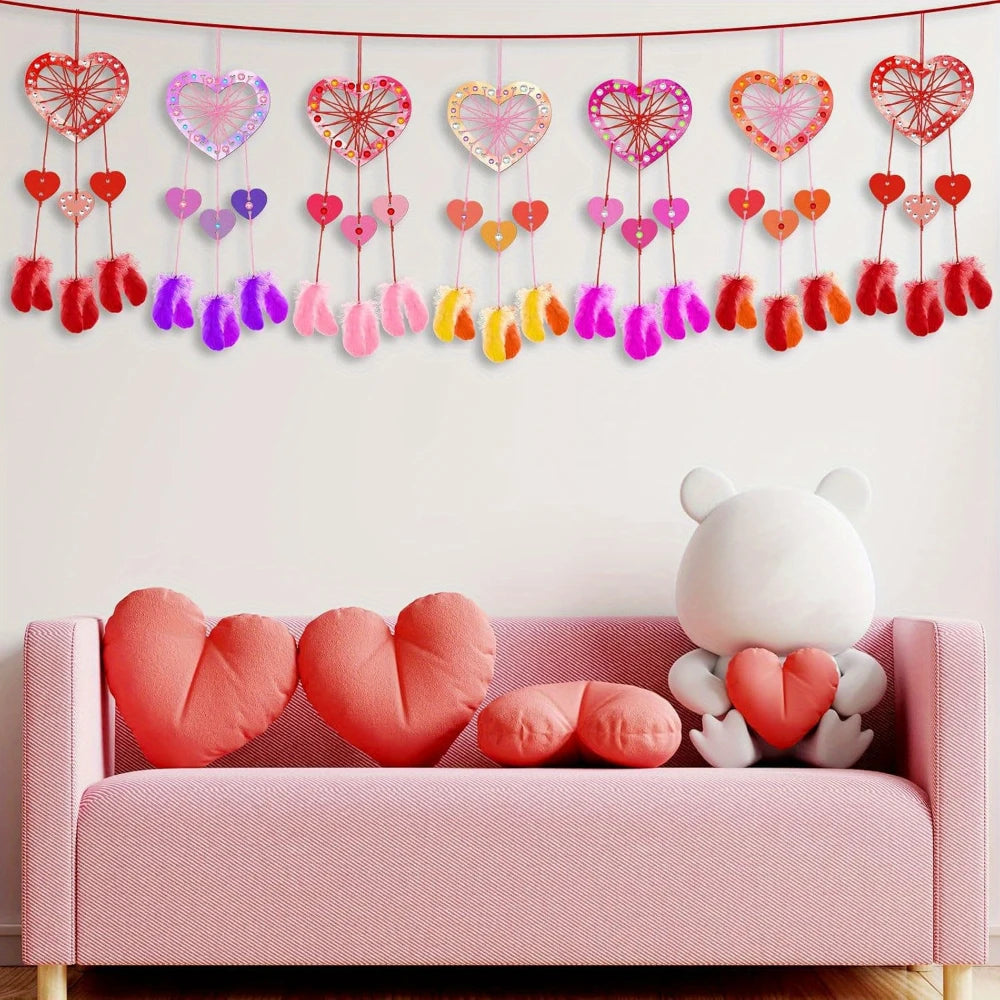 décoration artisanale coeurs bois plumes pinceaux fêtes mères rouge violet blanc