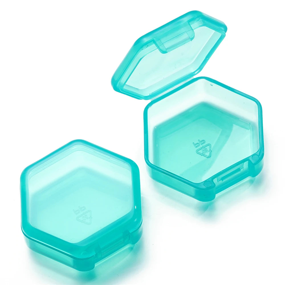 boîtes rangement hexagonnelles modernes transparentes clips colorées bleu noir vert orange violet rouge 42x46mm