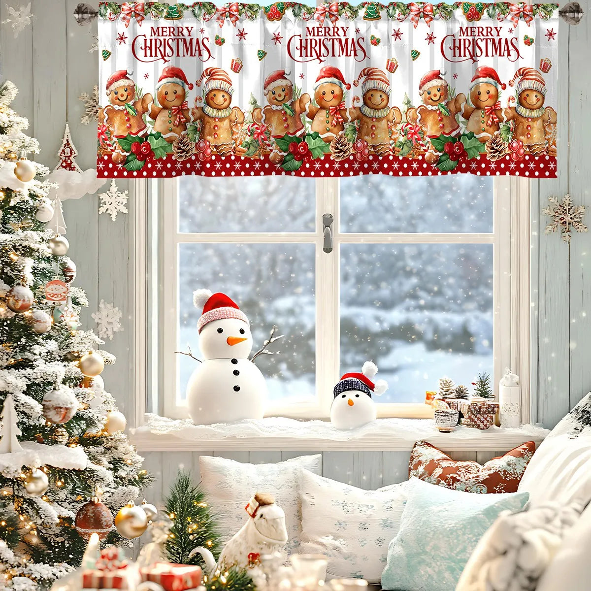 rideau fenêtre noël rouge blanc vert pères noël bonhommes rennes guirlandes flocons merry christmas