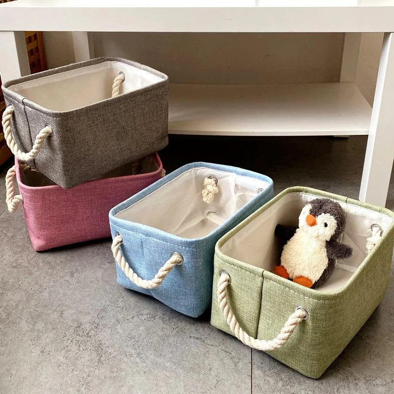 paniers rangement toile lin rose gris bleu vert modernes pliables poignées anneaux métalliques