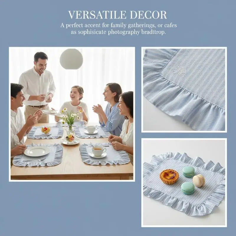sets table tissu rayés bleu blanc bord frangé rustique chic vintage élégant assiettes fourchettes