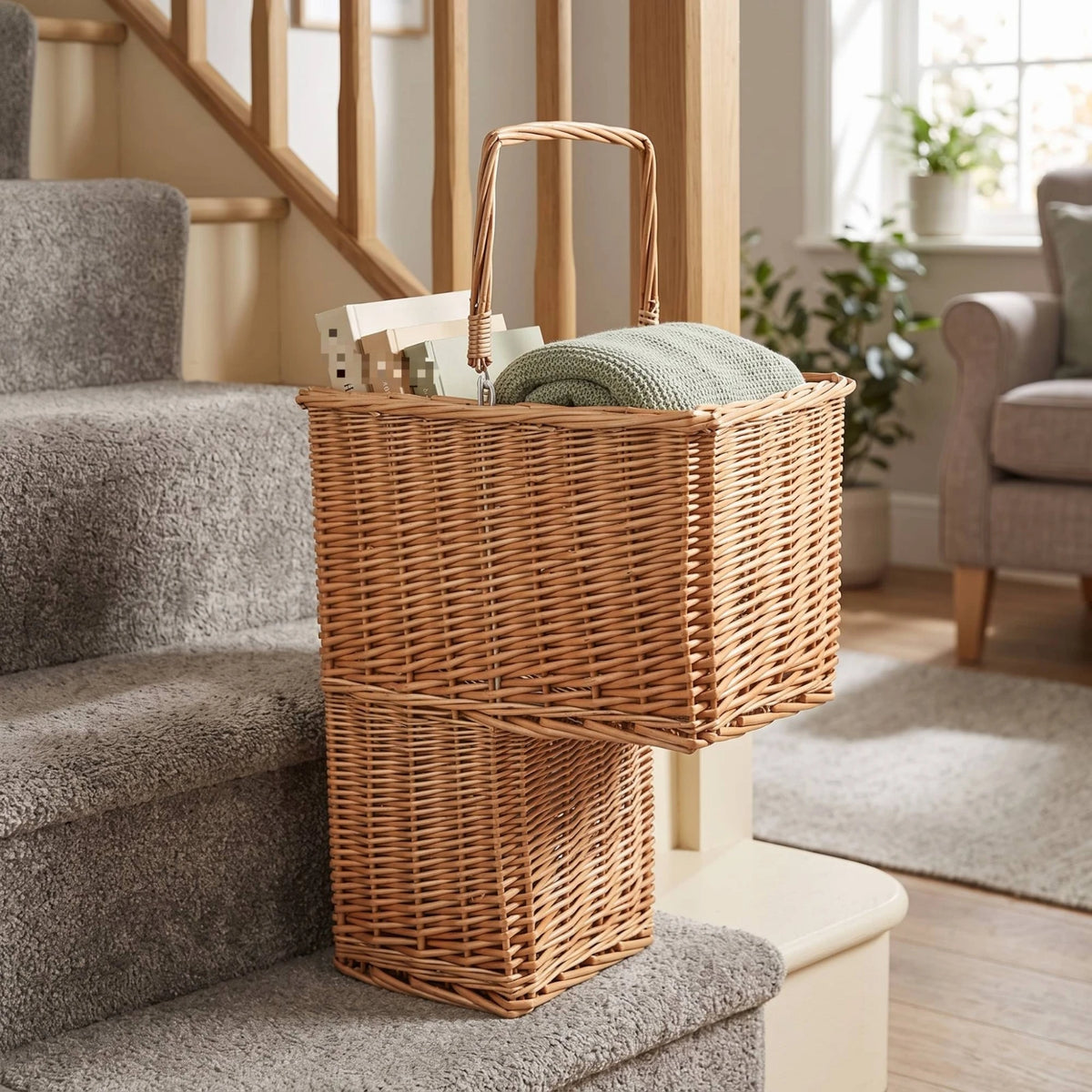 panier double compartiment osier tressé rustique rangement jouets livres escalier