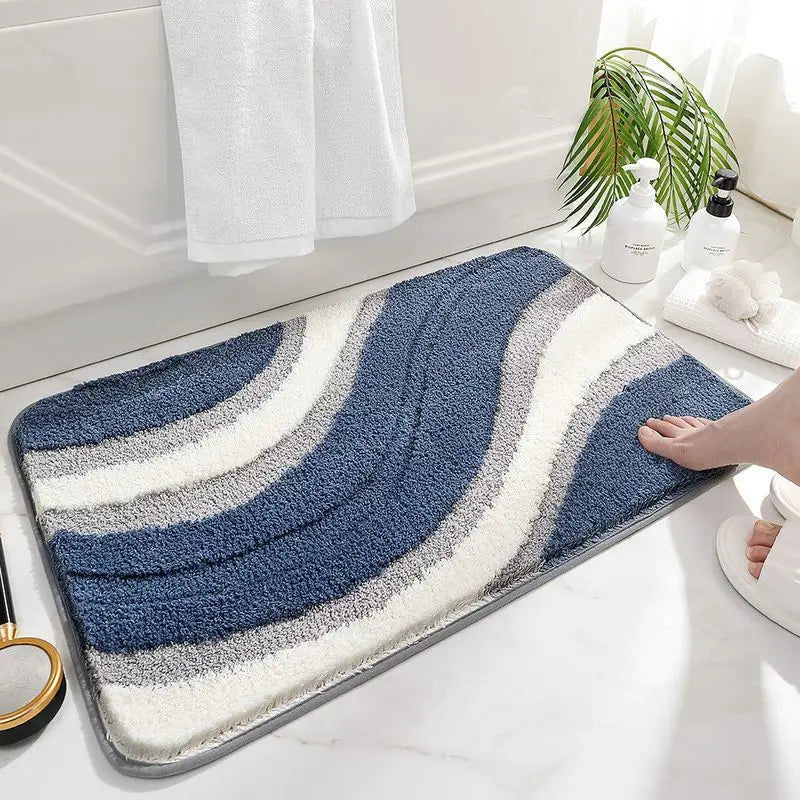 tapis bain polyester doux absorbant moderne vert gris beige bleu blanc ondulé geometrique