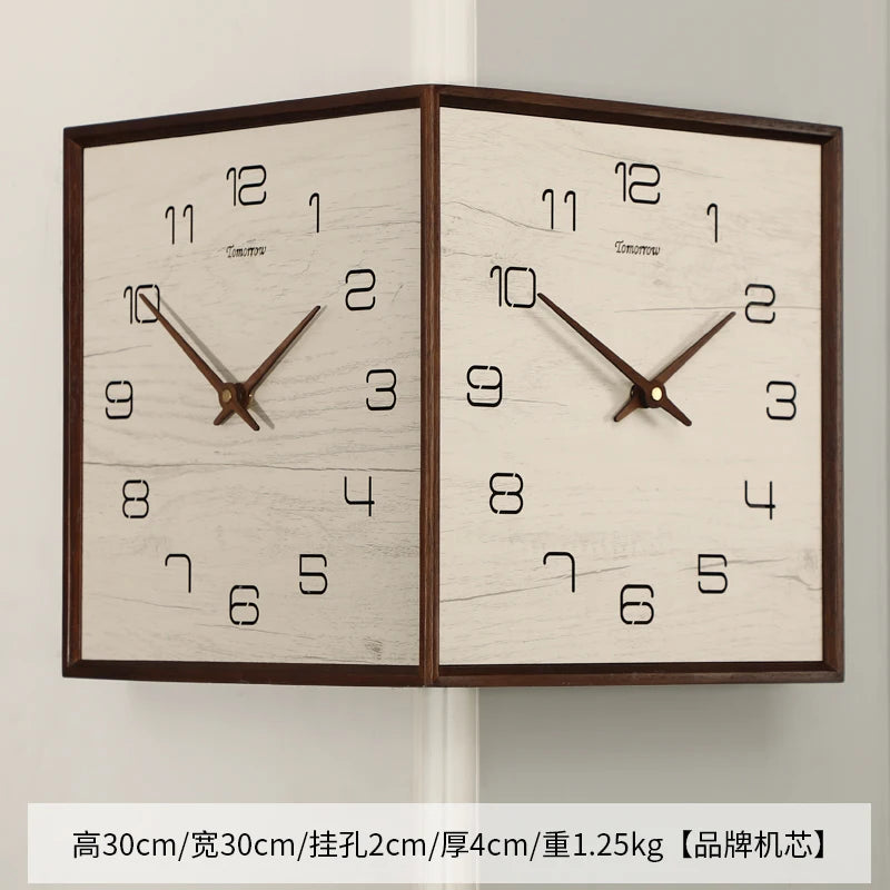 horloge murale moderne double face bois texture minimaliste date heure salon