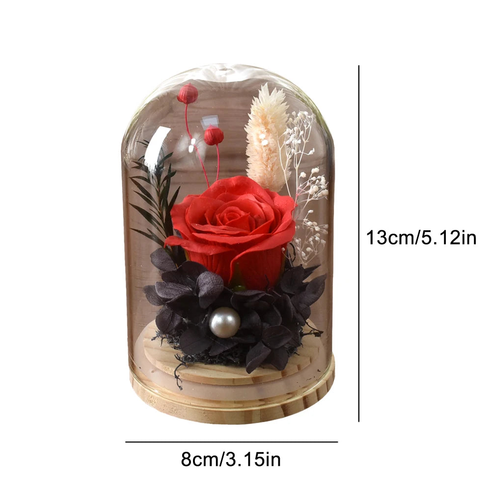 bouquet fleurs stabilisées cloche verre rouge rose bleu violet feuilles vertes classique romantiqueintérieurDecoration