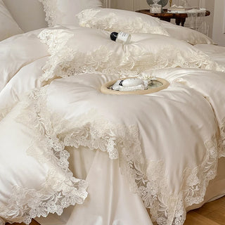 ensemble literie coton égyptien dentelle florale blanc cassé romantique vintage chambre shabby chic taies