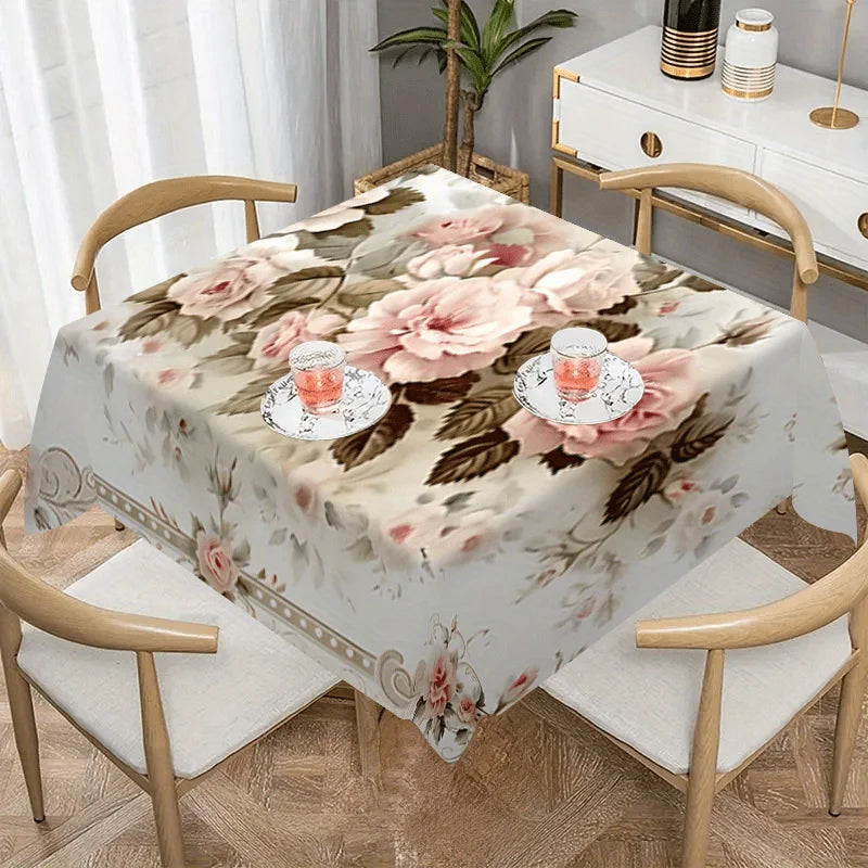nappe table fleurs roses feuilles vertes blanc classique réutilisable polyester maison printemps