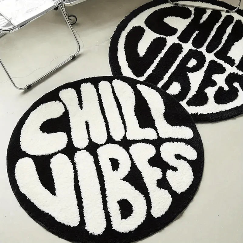 tapis rond polyester chill vibes antidérapant moderne salon chambre noire blanche