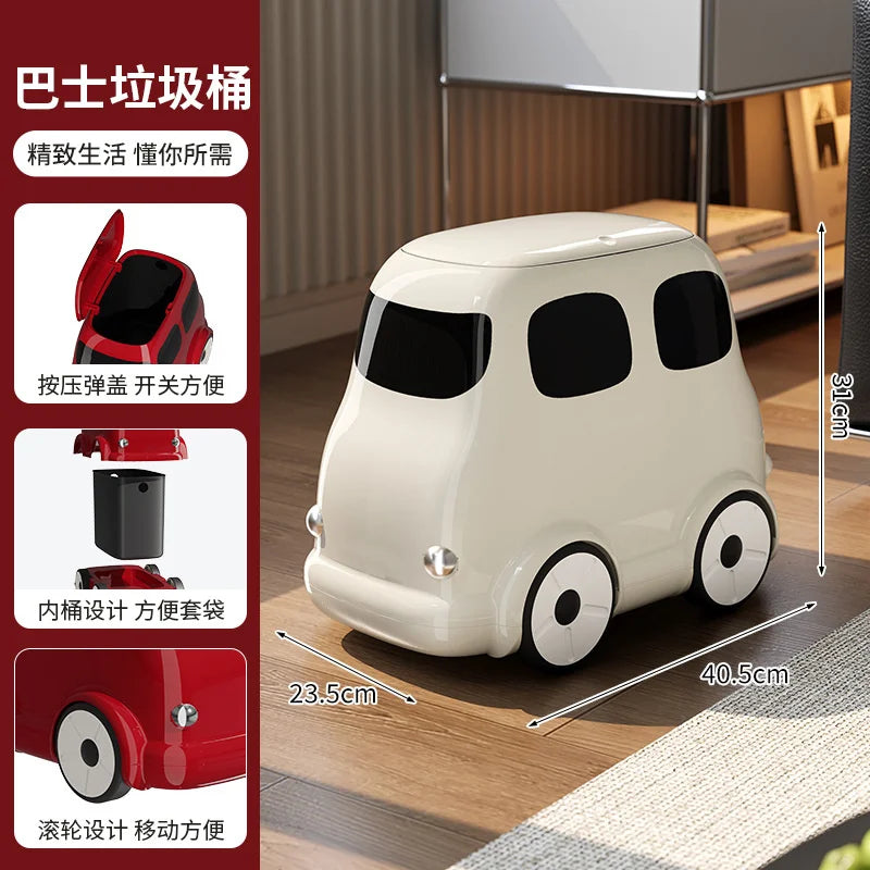 poubelle forme voiture rouge beige ludique roues compartiment intégré maison enfants