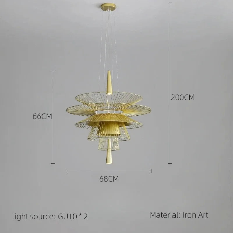 suspension lumineuse or noir contemporain minimaliste ampoule led intégrée fixation câbles métal superposé