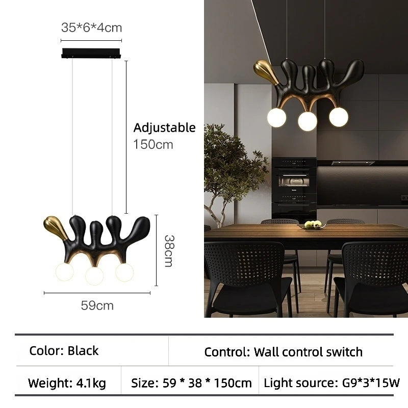 Suspension lumineuse contemporaine bois marron clair doré noir trois ampoules blanches salon restaurant chambre