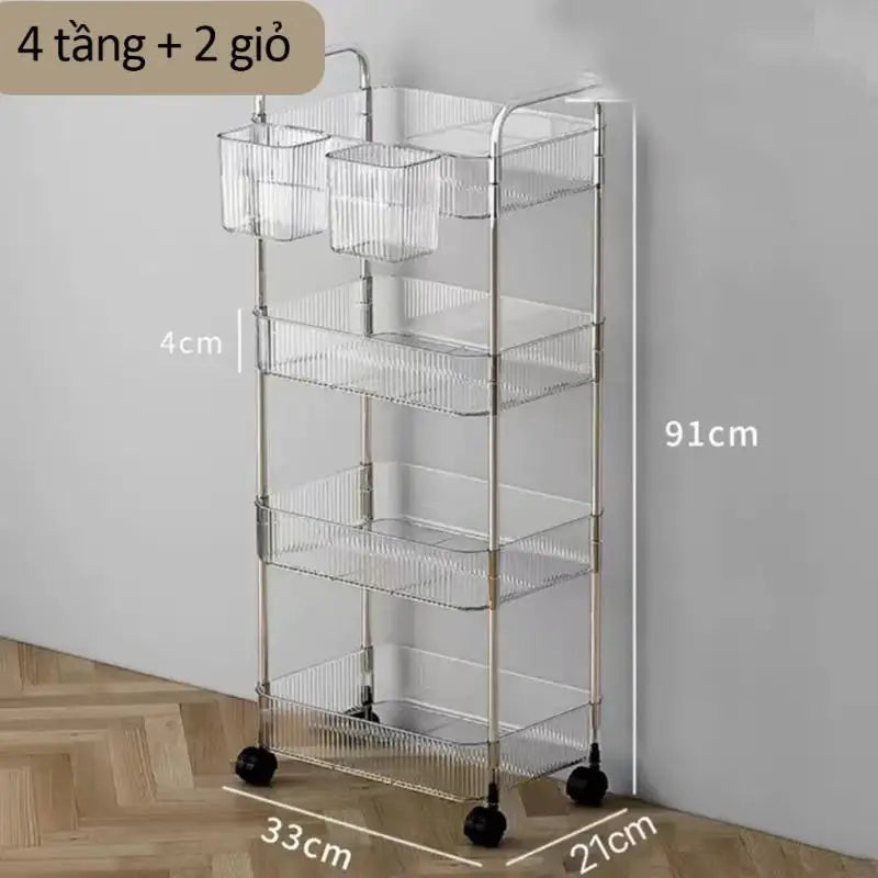 chariot roulettes transparent moderne compartiments striés rangement cosmétiques objets divers