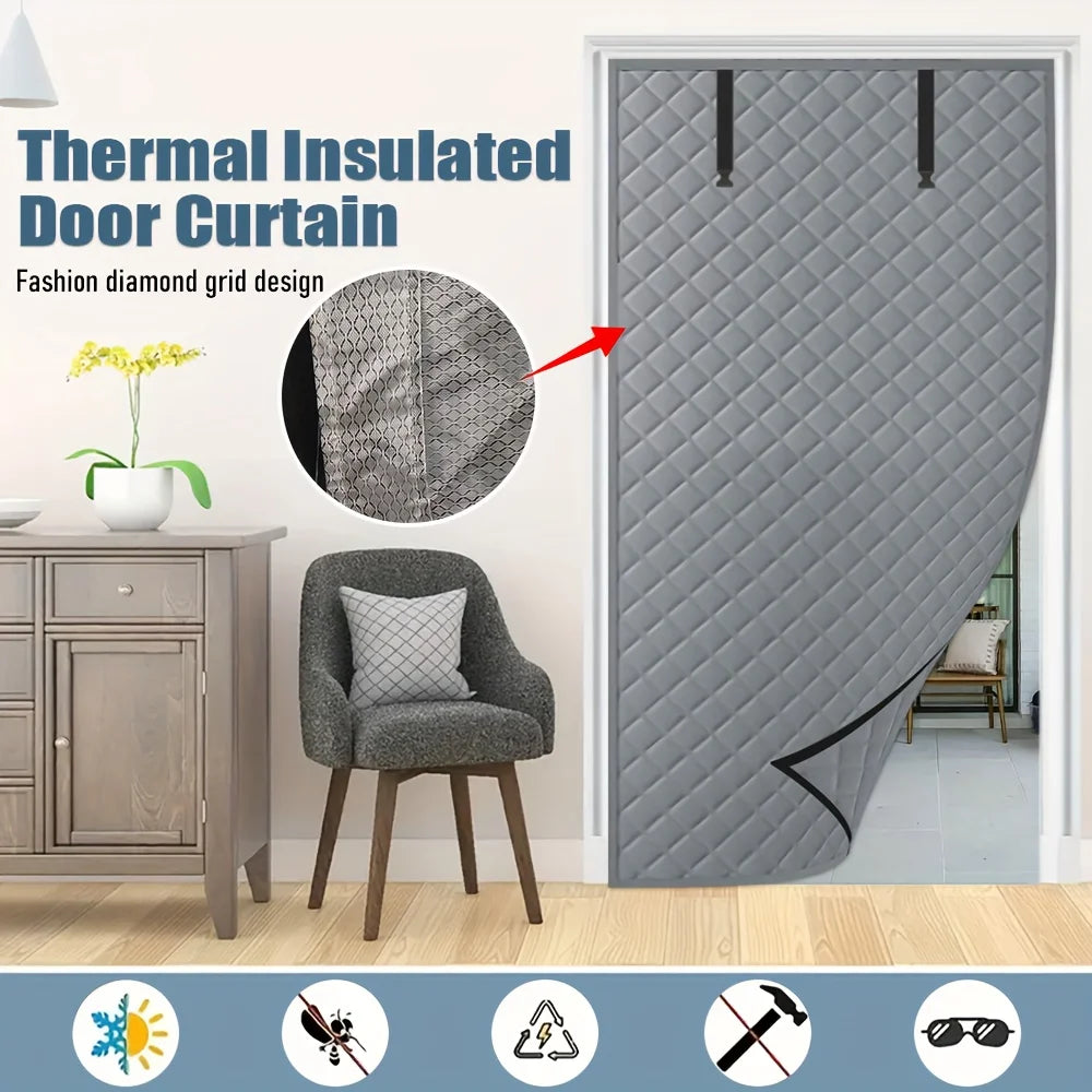 rideau porte thermique marron motif grille moderne opacité boucle rangement hiver isolation