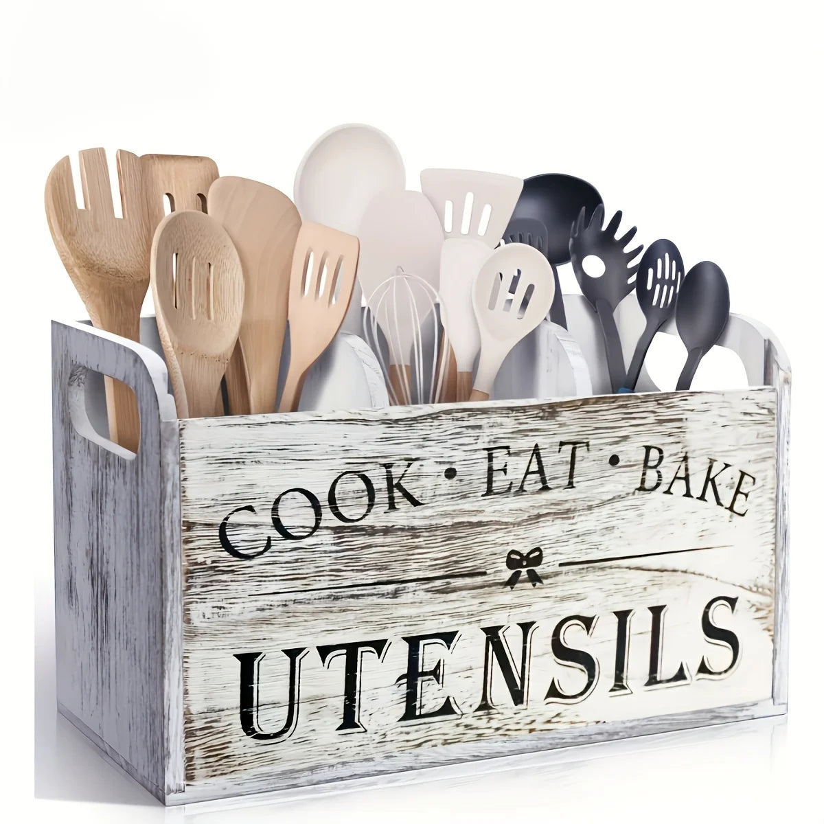 boîte ustensiles cuisine blanc vintage imprimé cook eat bake rustique multifonctionnelle
