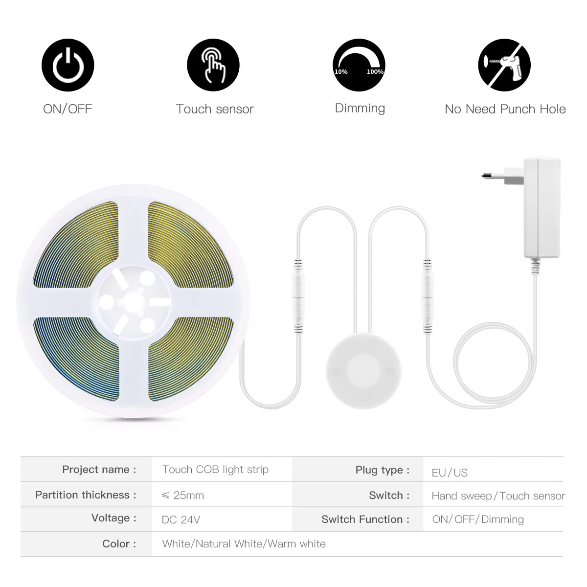 ruban led cob flexible blanc chaud interrupteur tactile adaptateur secteur salon