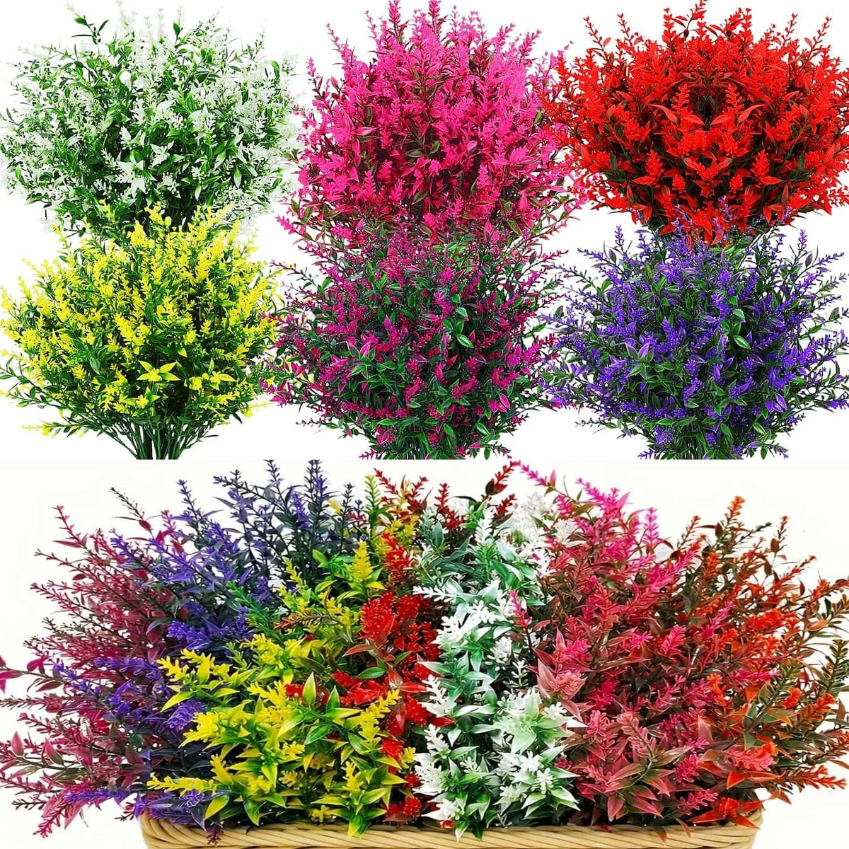 bouquets artificiels feuilles fleurs vert jaune rouge violet blanc extérieurs naturels détaillés résistants uv