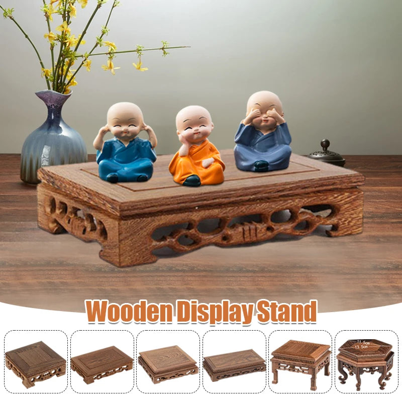 support présentation bois marron foncé figurines moines feng shui artisanal
