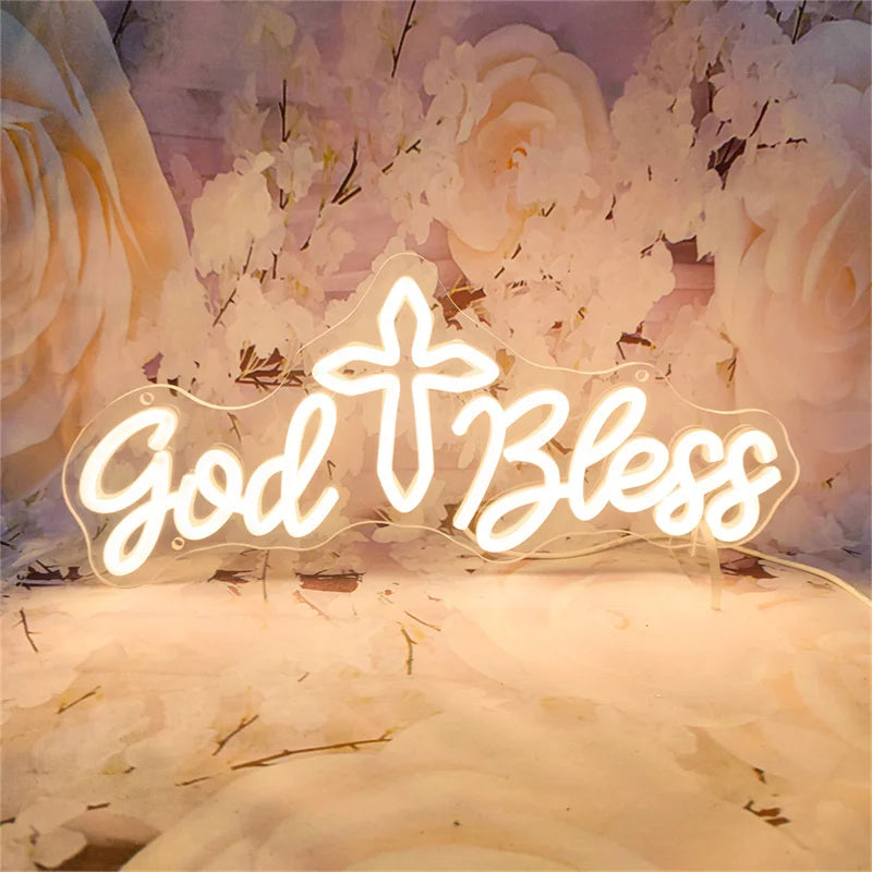décoration lumineuse god bless sign neon blanc moderne religieux chambre coucher