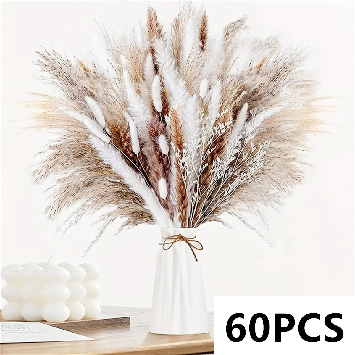 décoration boho bouquet fleurs séchées pampas naturel beige blanc vase maison anniversaire