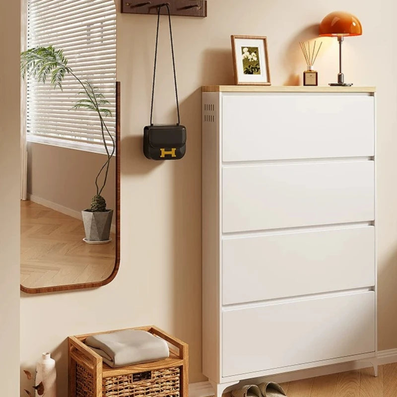 meuble chaussures blanc moderne lisse sans fixation porte glissière bois minimaliste moderne suspension ventilée