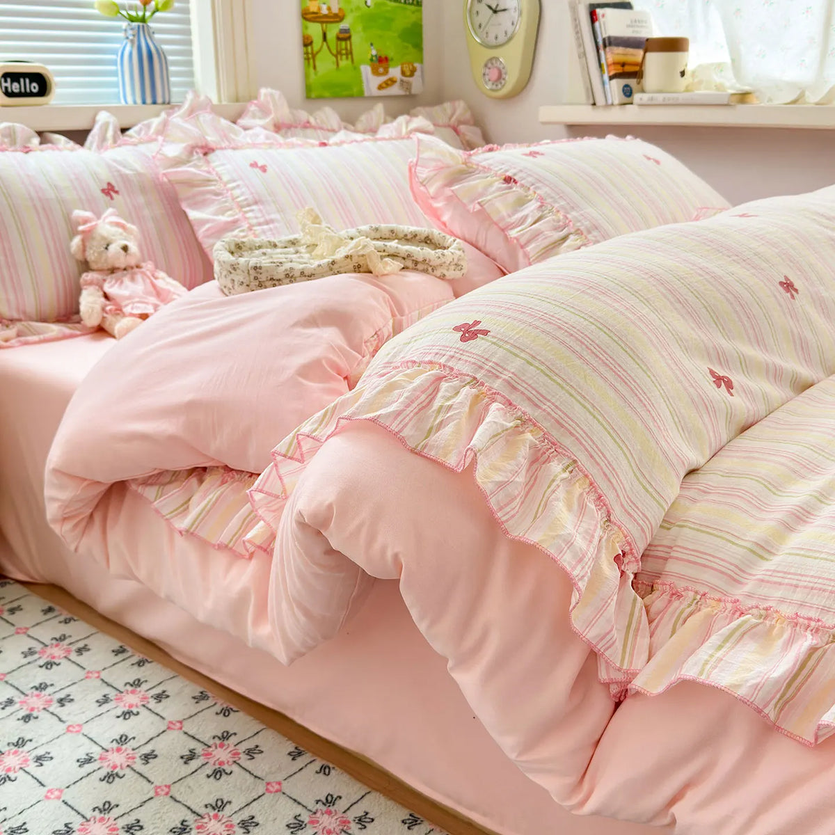 ensemble literie rose clair papillons brodés pièces housse taies d'oreiller doux romantique