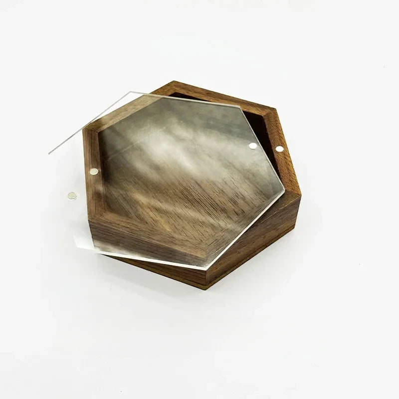 boîte hexagonale bois texturé acrylique transparent moderne minimaliste marron clair bijou rangement