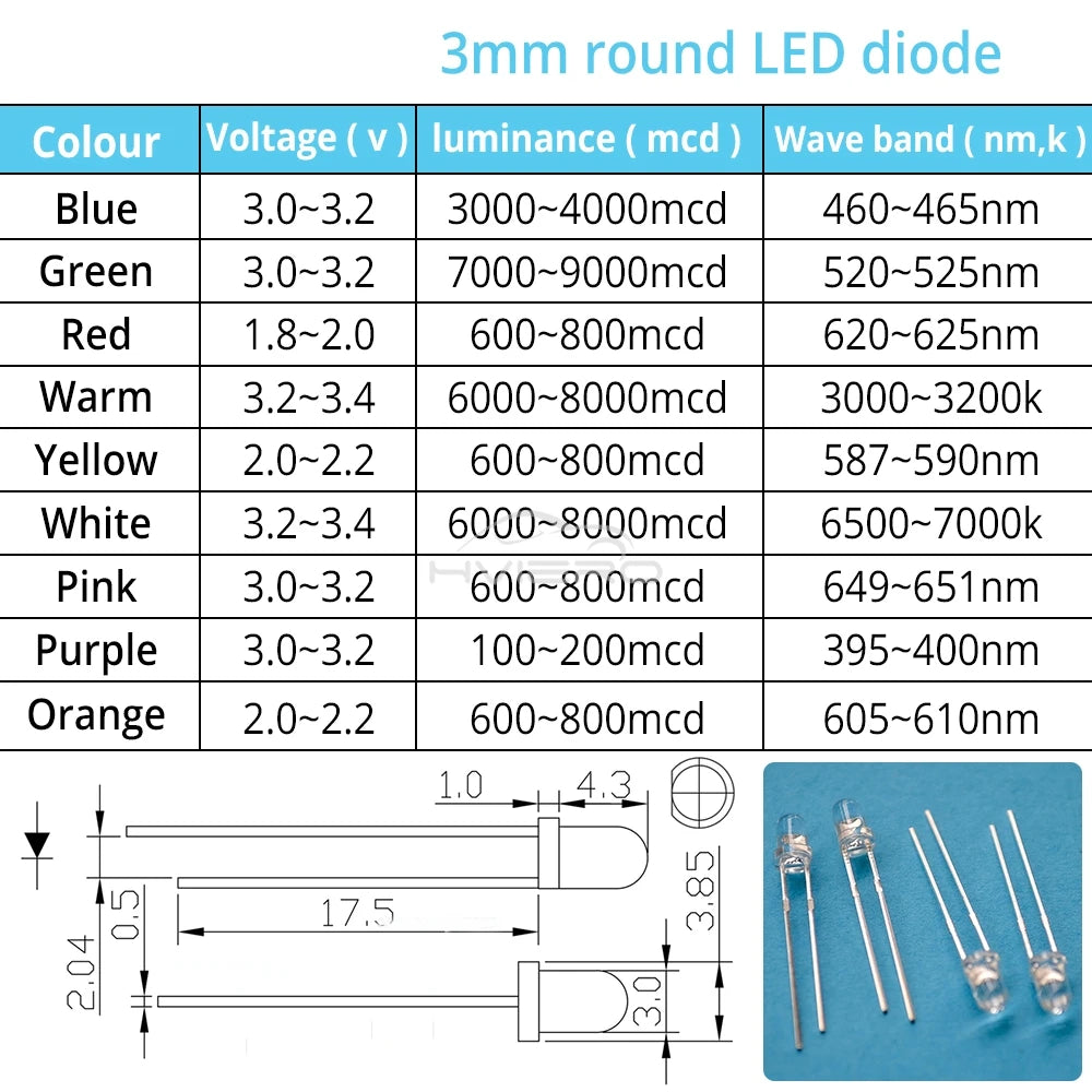 diodes led ronde 3mm bleu vert rouge blanc chaud jaune blanc rose violet orange