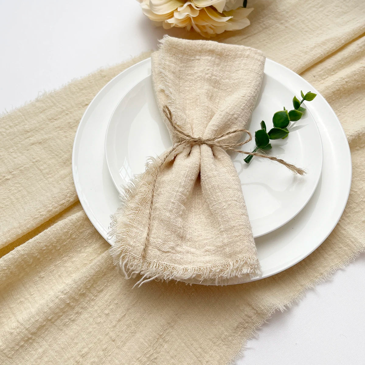 serviettes table coton rose pâle rustique franges ruban fleurs séchées