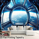 tapisserie moderne vue spatiale planète terre bleu noir blanc salon chambre coucher polyester imprimée