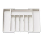boîte rangement couverts gris plastique lisse moderne compartiments ajustables dorés argentés