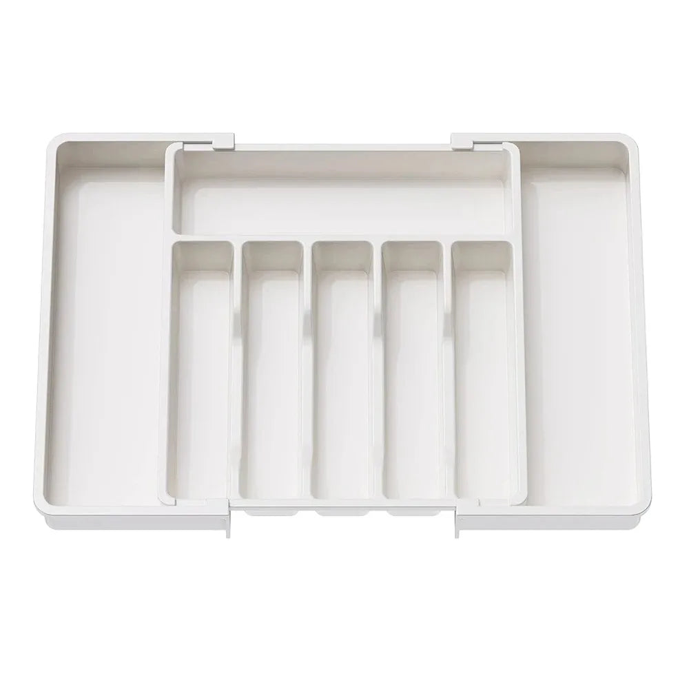 boîte rangement couverts gris plastique lisse moderne compartiments ajustables dorés argentés