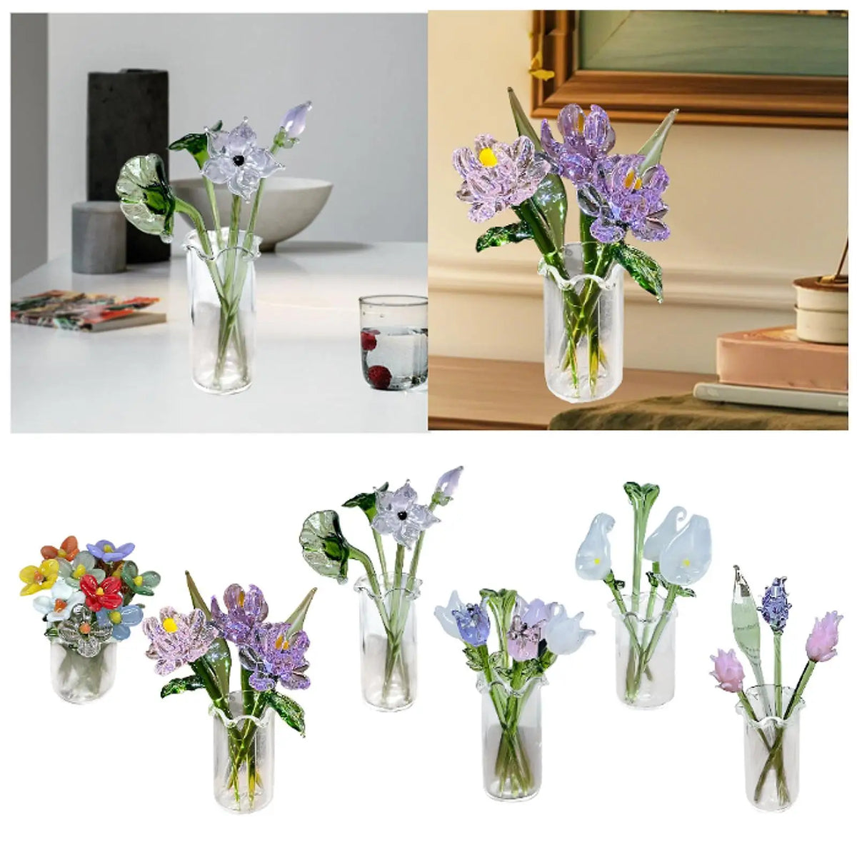 bouquet fleurs artificielles vase verre transparent violet blanc vert moderne minimaliste décoration intérieure anniversaire